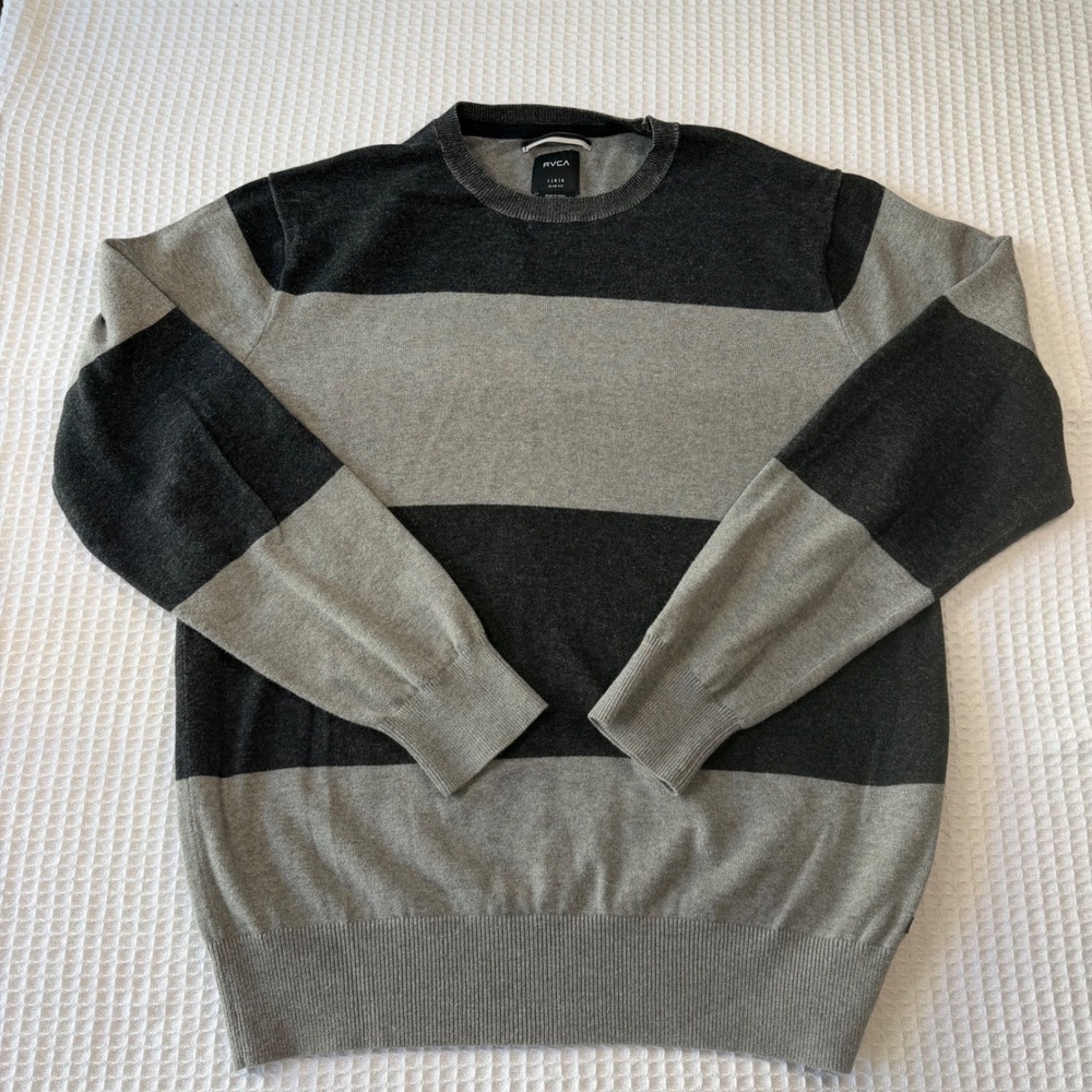 RVCA Mens Slim Fit Striped Crew Neck Sweater Grey Charcoal Cotton M7VV01BL L